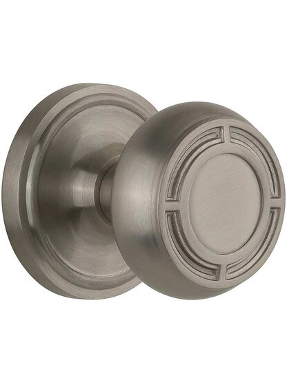 Classic Rosette Door Set with Mission Knobs in Satin Nickel.